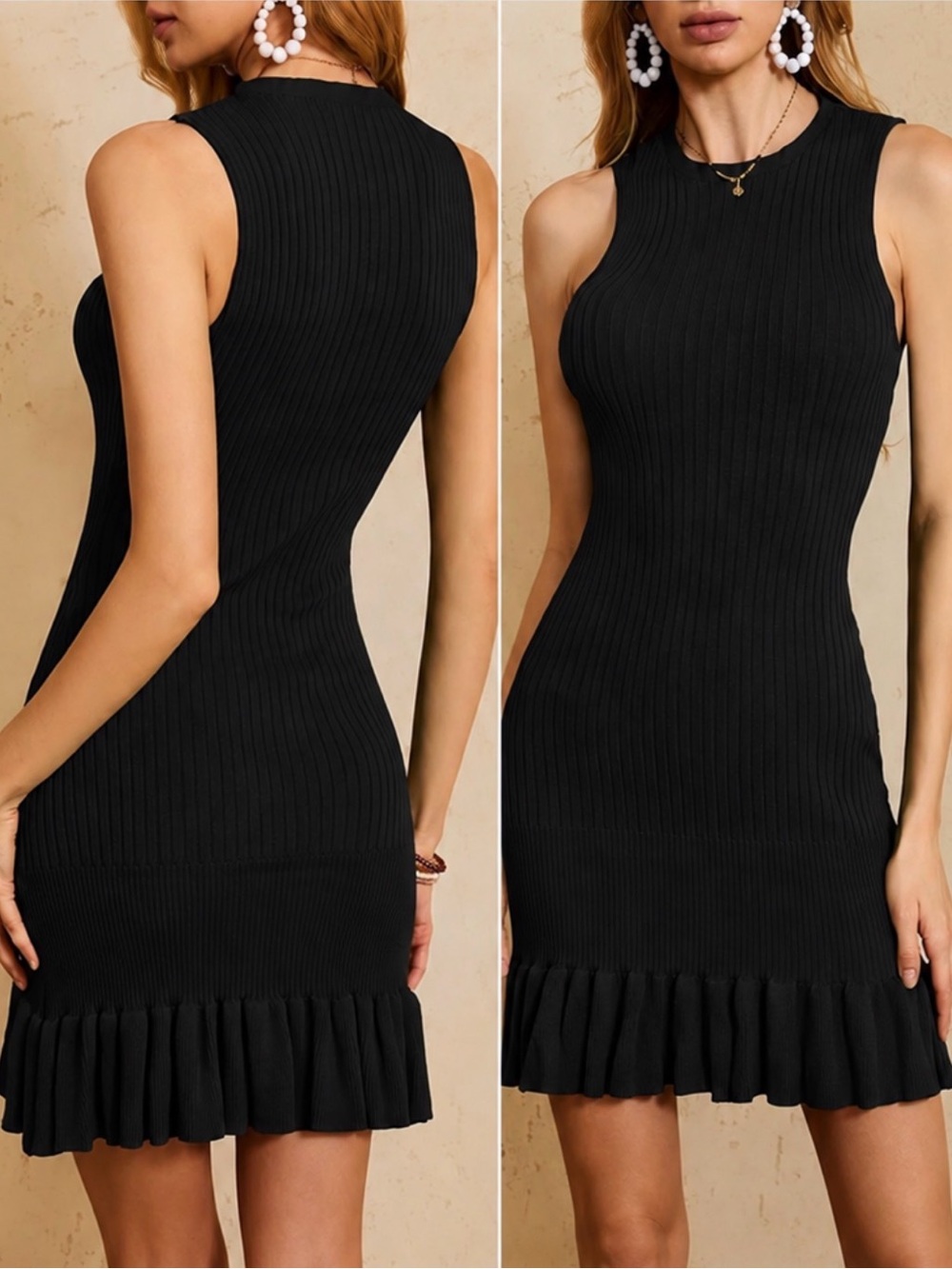 Amazon Black Ribbed Knit Ruffle Mini Dress